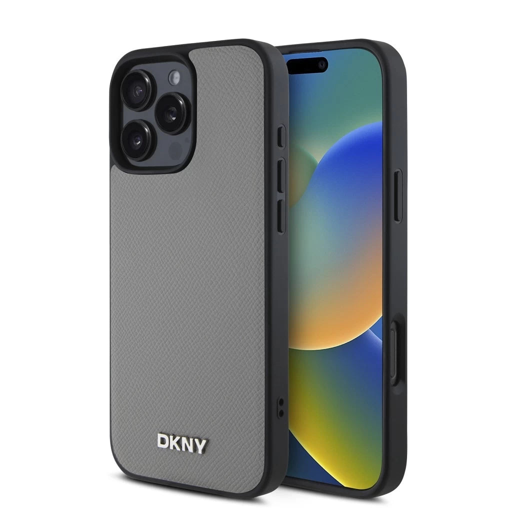 DKNY PU Leather Silver Metal Logo Magsafe tok iPhone 16 Pro készülékhez szürke - iPhone 16 Pro tok a Domshop kínálatából