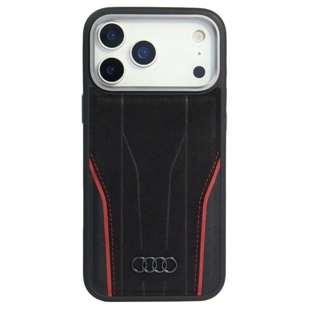 Audi R8 Genuine Leather MagSafe tok iPhone 17 Pro Max készülékhez fekete-piros