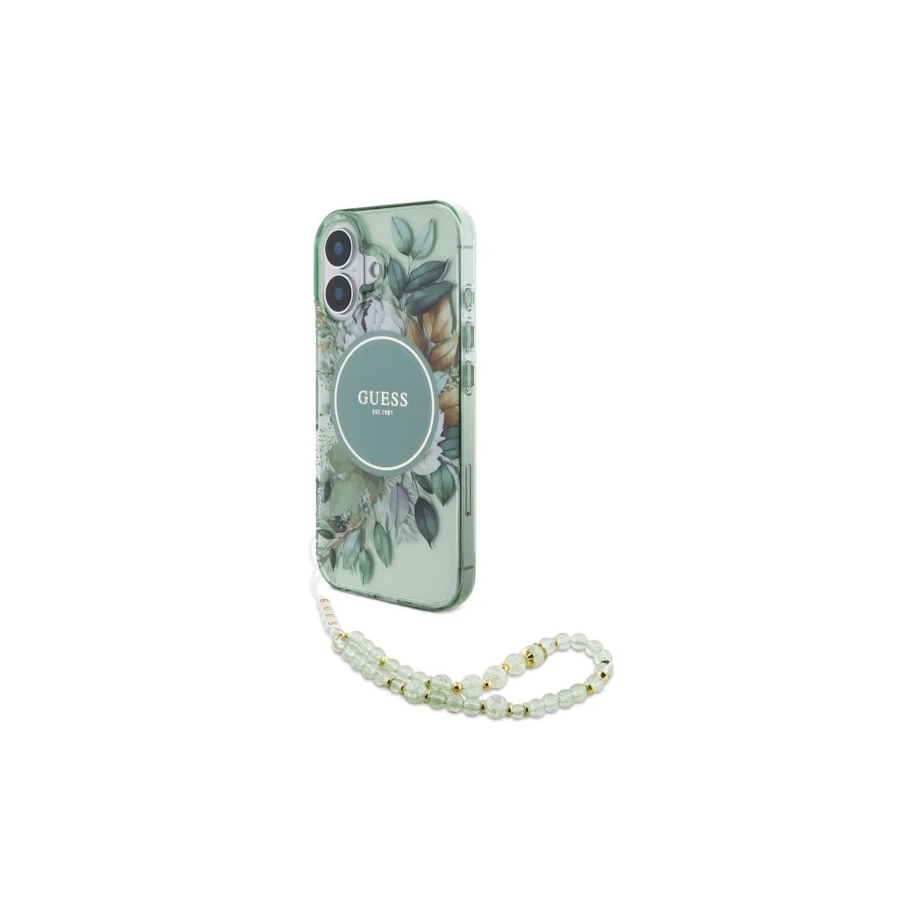 Guess keménytok iPhone 16 Plus 6,7" készülékhez IML Flowers With Pearl Strap MagSafe zöld