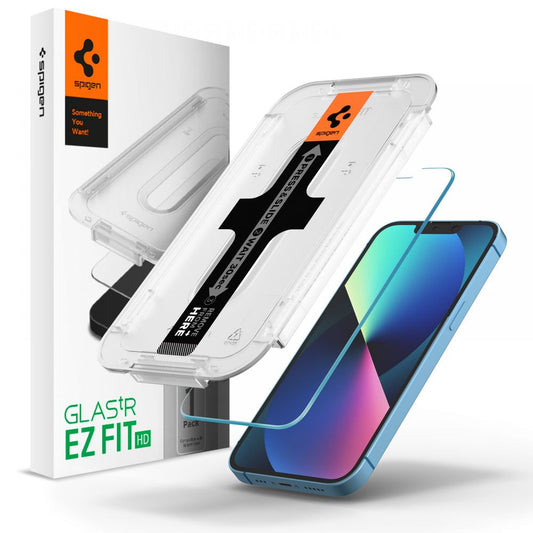 Apple iPhone 13 / 13 Pro / 14 / 16e / 17e, Kijelzővédő fólia, ütésálló fólia (az íves részre is!), Tempered Glass (edzett üveg), Spigen Ez Fit HD, Clear