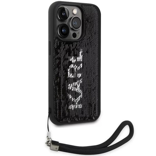 Apple iPhone 13 Pro, Műanyag hátlap védőtok + szilikon keret, színváltós hátlap, kézpánttal, Karl minta, Karl Lagerfeld Sequins Reversible, ezüst/fekete - iPhone 13 Pro tok a Domshop kínálatából