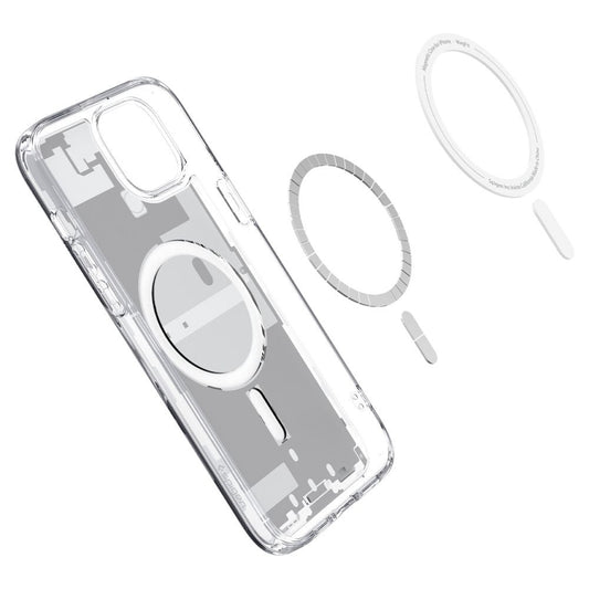 Apple iPhone 15 Plus, Műanyag hátlap védőtok + szilikon keret, Magsafe töltővel kompatibilis, iPhone belső minta, Spigen Ultra Hybrid Zero One Mag, átlátszó/fehér - iPhone 15 Plus tok a Domshop kínálatából