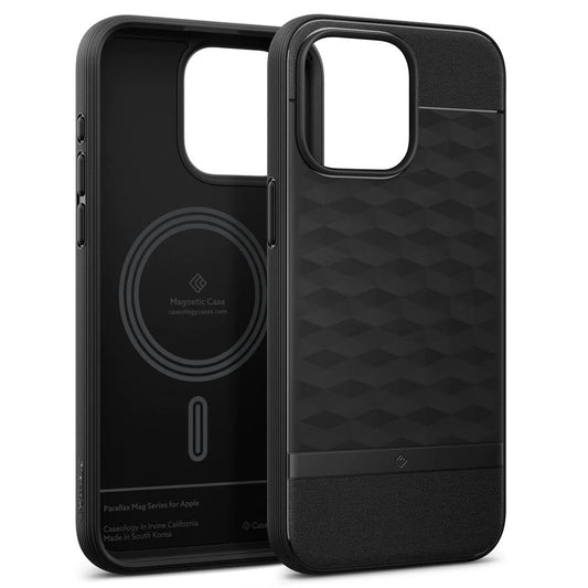 Apple iPhone 15 Pro Max, Szilikon tok + műanyag keret, közepesen ütésálló, Magsafe töltővel kompatibilis, 3D hatszög minta, Spigen Caseology Parallax Mag, fekete - iPhone 15 Pro Max tok a Domshop kínálatából