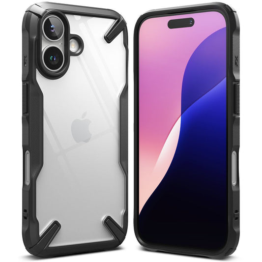 Apple iPhone 16, Műanyag hátlap + szilikon keret, közepesen ütésálló, Ringke Fusion X, átlátszó/fekete - iPhone 16 tok a Domshop kínálatából