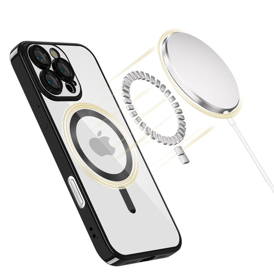 Apple iPhone 16 Pro, Műanyag hátlap védőtok + szilikon keret, közepesen ütésálló, Magsafe töltővel kompatibilis, fényes keret, Magflex Magsafe, átlátszó/fekete - iPhone 16 Pro tok a Domshop kínálatából