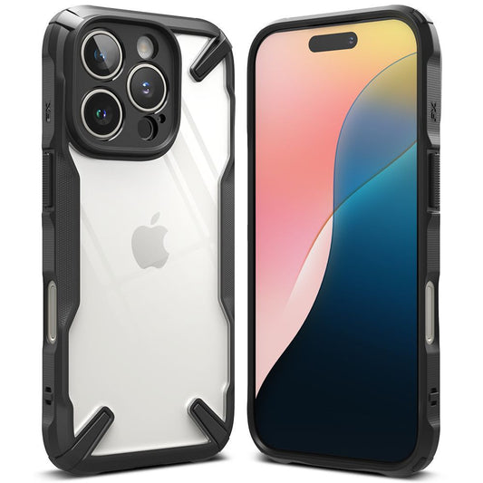 Apple iPhone 16 Pro Max, Műanyag hátlap + szilikon keret, közepesen ütésálló, Ringke Fusion X, átlátszó/fekete - iPhone 16 Pro Max tok a Domshop kínálatából