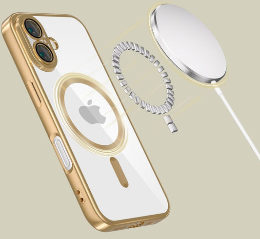 Apple iPhone 16e, Műanyag hátlap védőtok + szilikon keret, közepesen ütésálló, Magsafe töltővel kompatibilis, fényes keret, Magflex Magsafe, átlátszó/arany - iPhone 16e tok a Domshop kínálatából