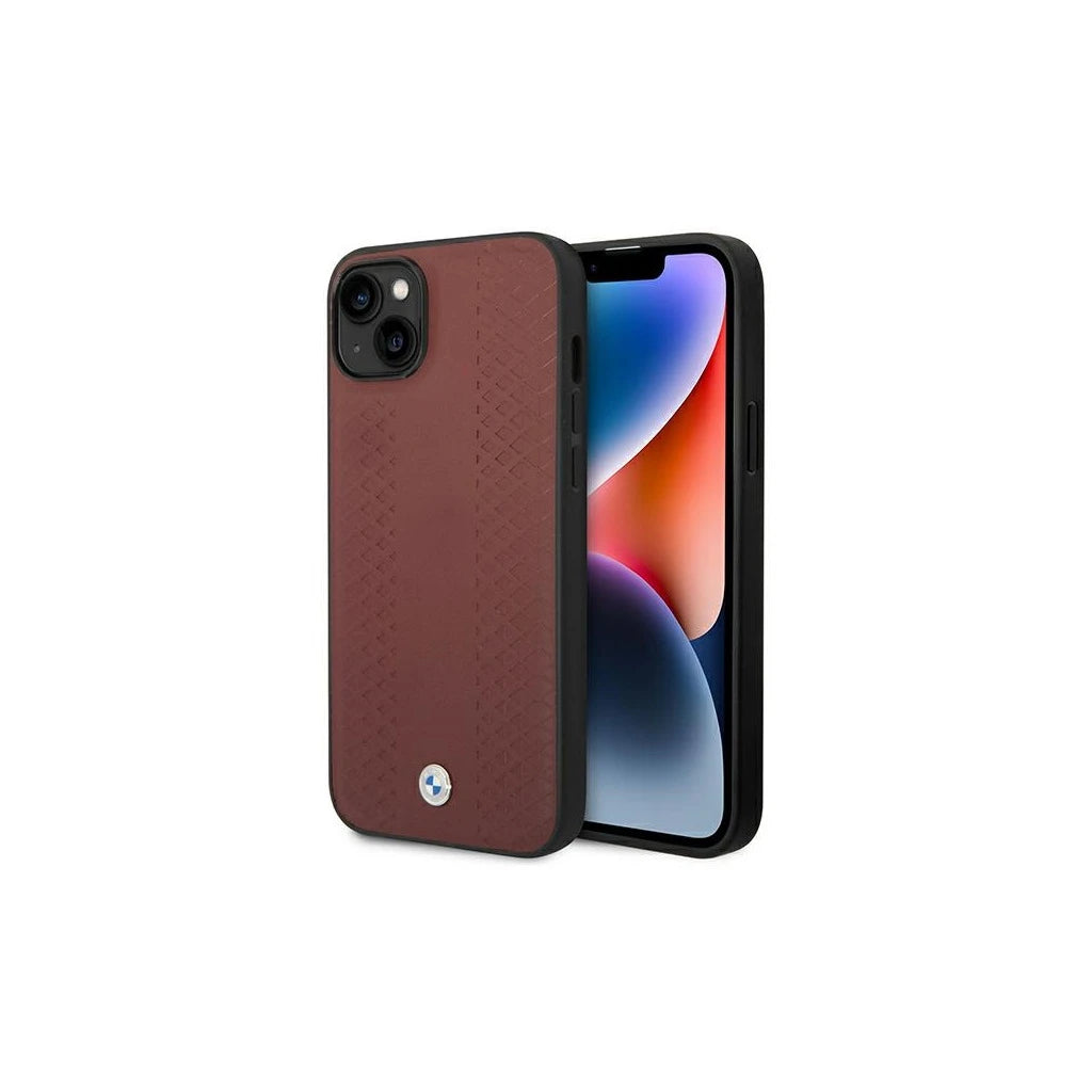 BMW BMHCP14S22RFGR tok iPhone 14/15/13 6.1 készülékhez Leather Diamond Pattern bordó - iPhone 13/14/15 tok a Domshop kínálatából