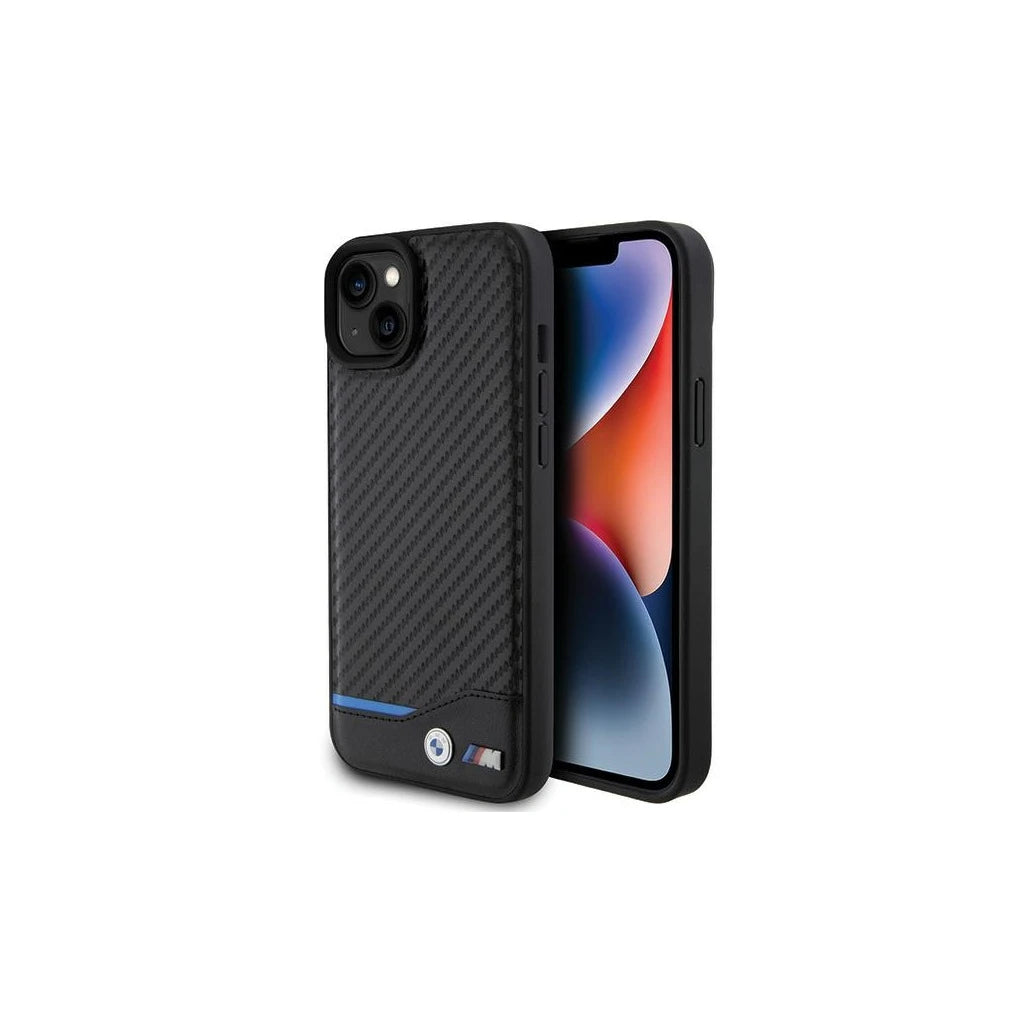 BMW BMHCP15M22NBCK iPhone 15 Plus / 14 Plus 6.7" készülékhez Leather Carbon bőr tok fekete - iPhone 14 Plus/15Plus tok a Domshop kínálatából