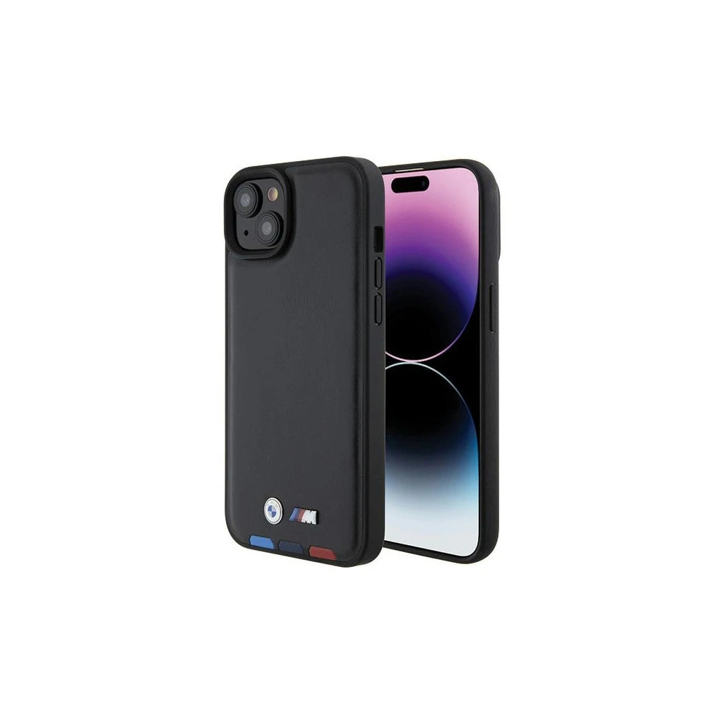 BMW BMHCP15M22PTDK iPhone 15 Plus / 14 Plus 6.7 készülékhez tok Leather Stamp Tricolor fekete - iPhone 14 Plus/15Plus tok a Domshop kínálatából