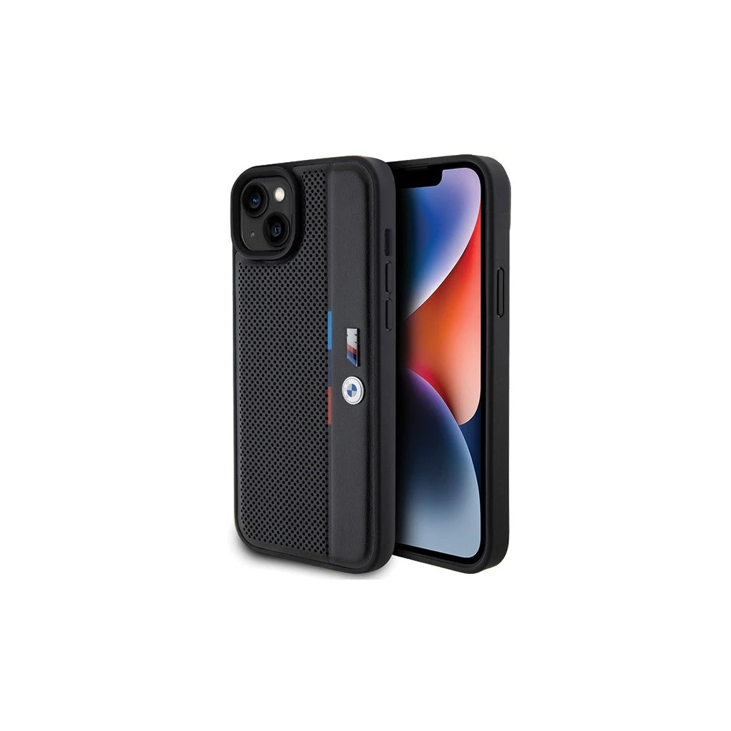 BMW BMHCP15M23PUPVK iPhone 15 Plus / 14 Plus 6.7” készülékhez kemény tok Perforated Tricolor Line fekete - iPhone 14 Plus/15Plus tok a Domshop kínálatából