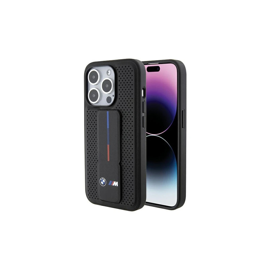 BMW BMHCP15XGSPPRK iPhone 15 Pro Max 6.7 készülékhez kemény tok Grip Stand Smooth & Perforated fekete - iPhone 15 Pro Max tok a Domshop kínálatából