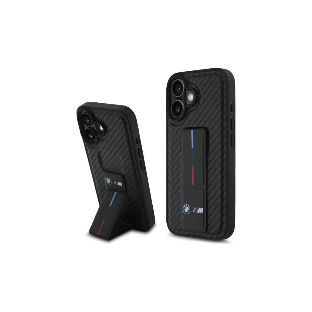 BMW BMHCP16SGSPCCK iPhone 16 6.1" készülékhez M Grip Stand Smooth and Carbon kemény tok fekete - iPhone 16 tok a Domshop kínálatából