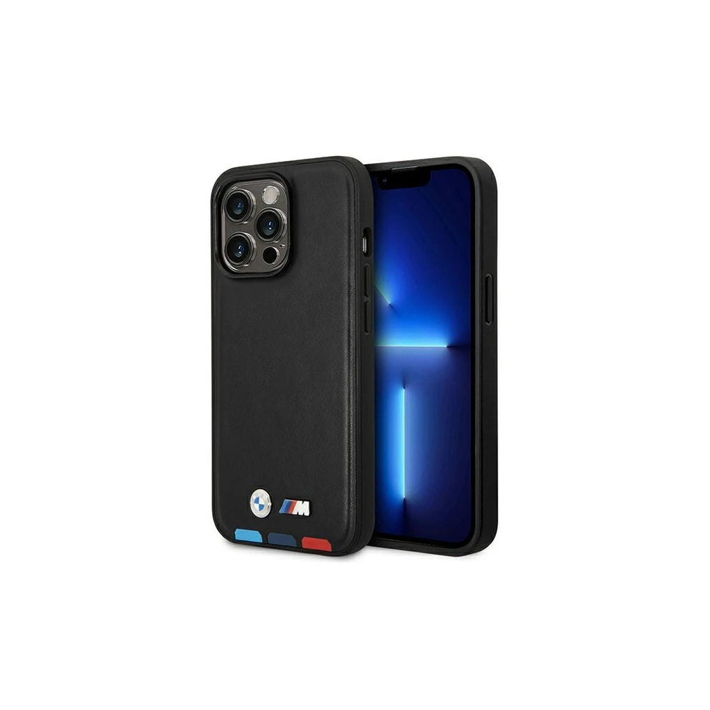 BMW BMHMP14L22PTDK iPhone 14 Pro 6,1 készülékhez Leather Stamp Tricolor Magsafe tok fekete - iPhone 14 Pro tok a Domshop kínálatából