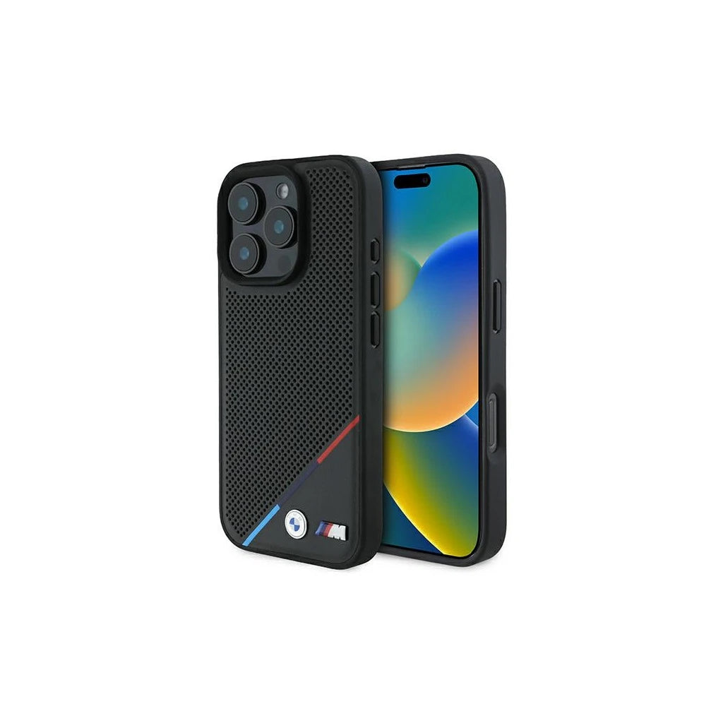 BMW BMHMP16L23PUPDK iPhone 16 Pro 6.3" készülékhez kemény tok M Perforated Tricolor Line MagSafe fekete - iPhone 16 Pro tok a Domshop kínálatából