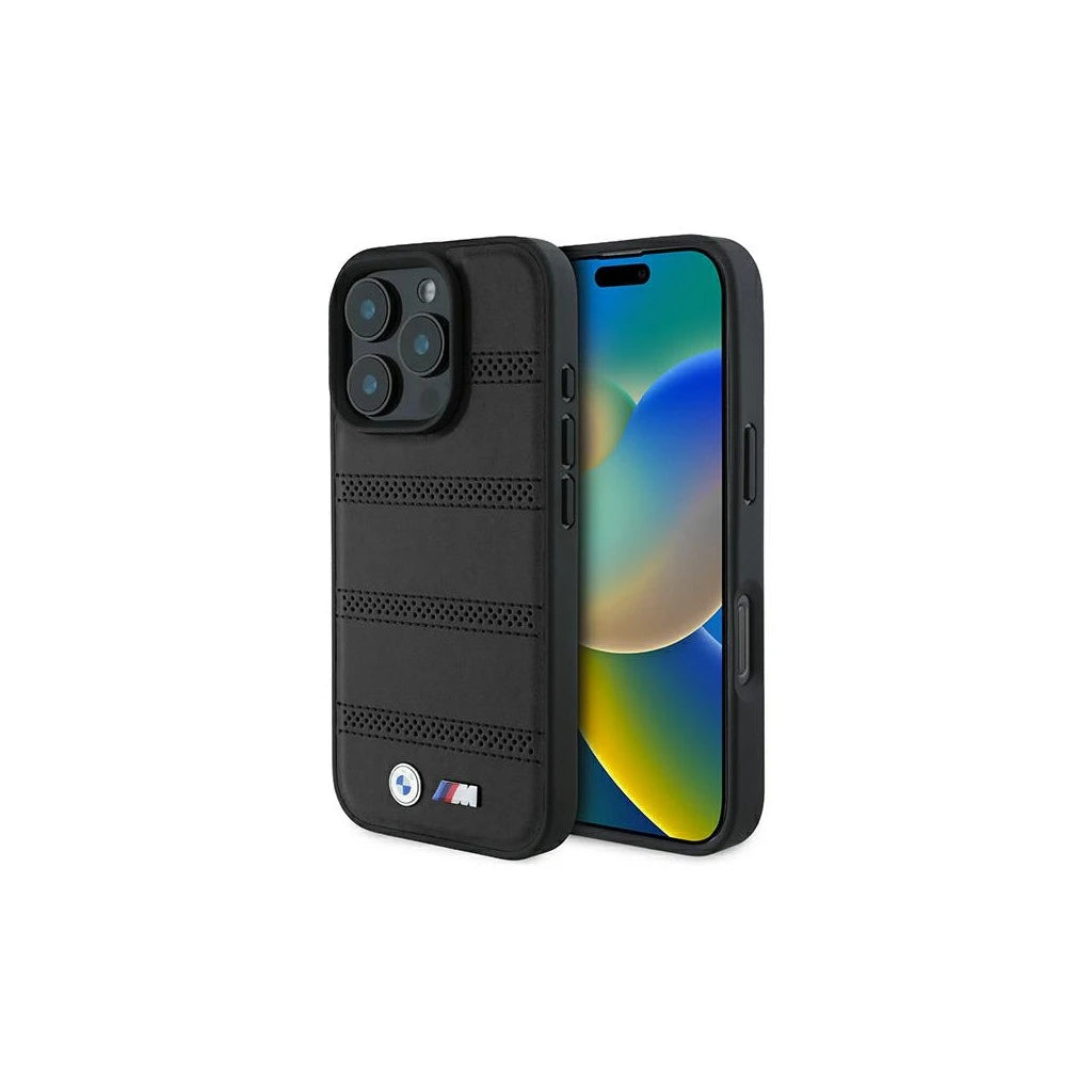 BMW BMHMP16L23PUSPK iPhone 16 Pro 6.3 készülékhez kemény tok M Perforated And Stitched Line MagSafe fekete - iPhone 16 Pro tok a Domshop kínálatából