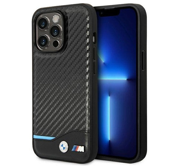 BMW Leather Carbon Apple iPhone 14 Pro hátlap tok, fekete - iPhone 14 Pro tok a Domshop kínálatából
