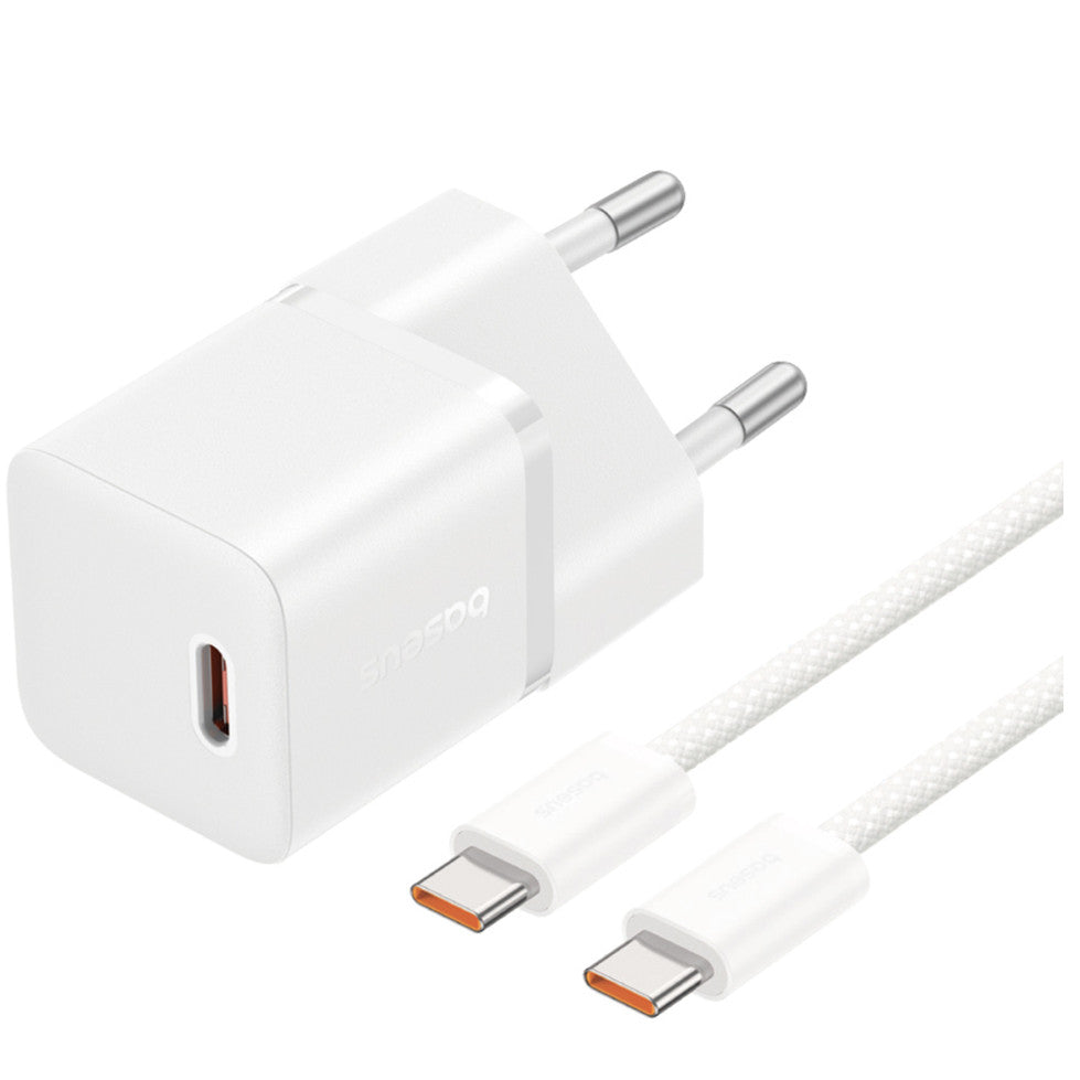 Baseus GaN5 Mini USB-C hálózati gyorstöltő adapter 20W, + USB-C-USB-C fonott kábel, 100W, fehér - Adapter a Domshop kínálatából