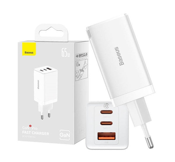 Baseus GaN5 Pro hálózati töltő 2xUSB-C + USB-A, USB-C-USB-C kábellel, 65W, fehér - Adapter a Domshop kínálatából