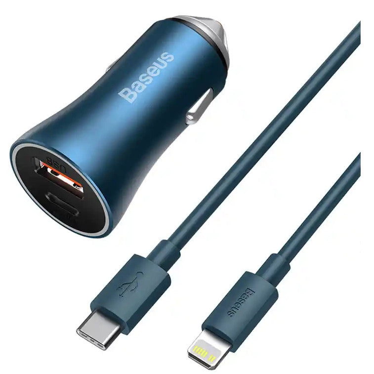 Baseus Golden Contactor Pro USB-A-USB-C autós gyorstöltő 40W + USB-C-Lightning kábel, 20W, 1m, kék - Autós töltő a Domshop kínálatából