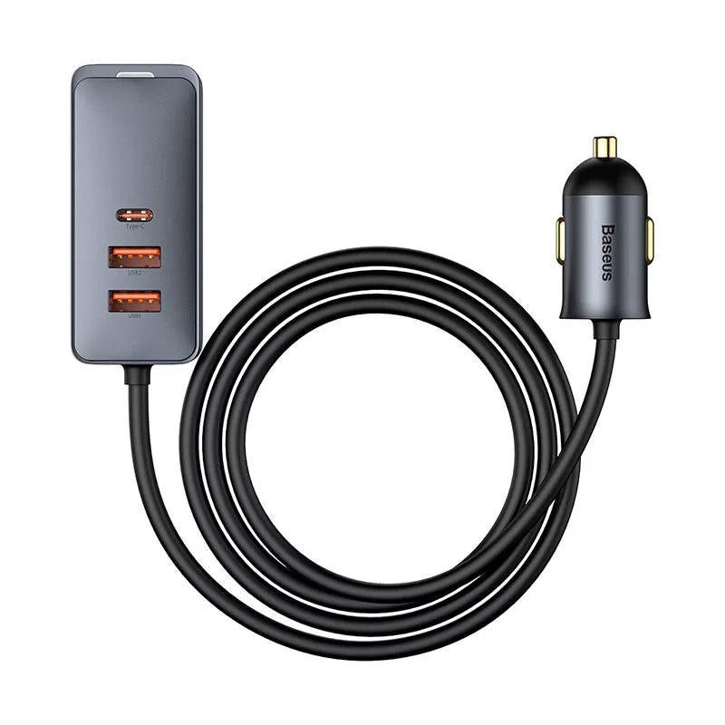 Baseus Share Together 3xUSB-A-USB-C autós töltő beépített kábellel, 120W, 1,5m, szürke - Autós töltő a Domshop kínálatából