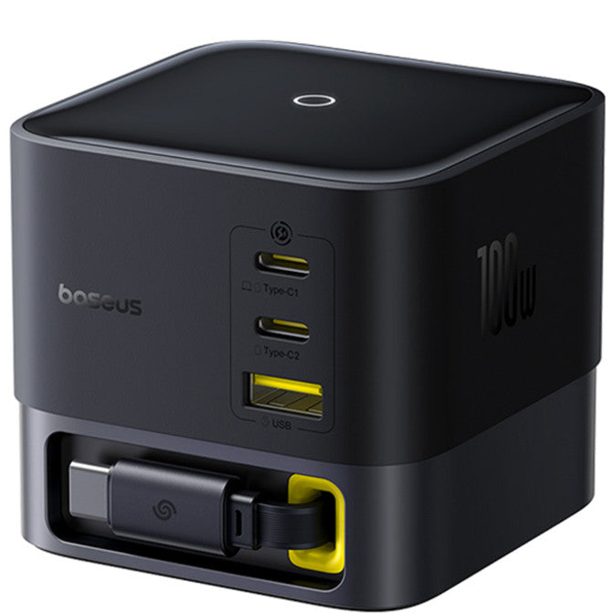 Baseus Super GaN 3xUSB-C-USB-A töltőállomás behűzható kábellel, 100W, fekete - Adapter a Domshop kínálatából