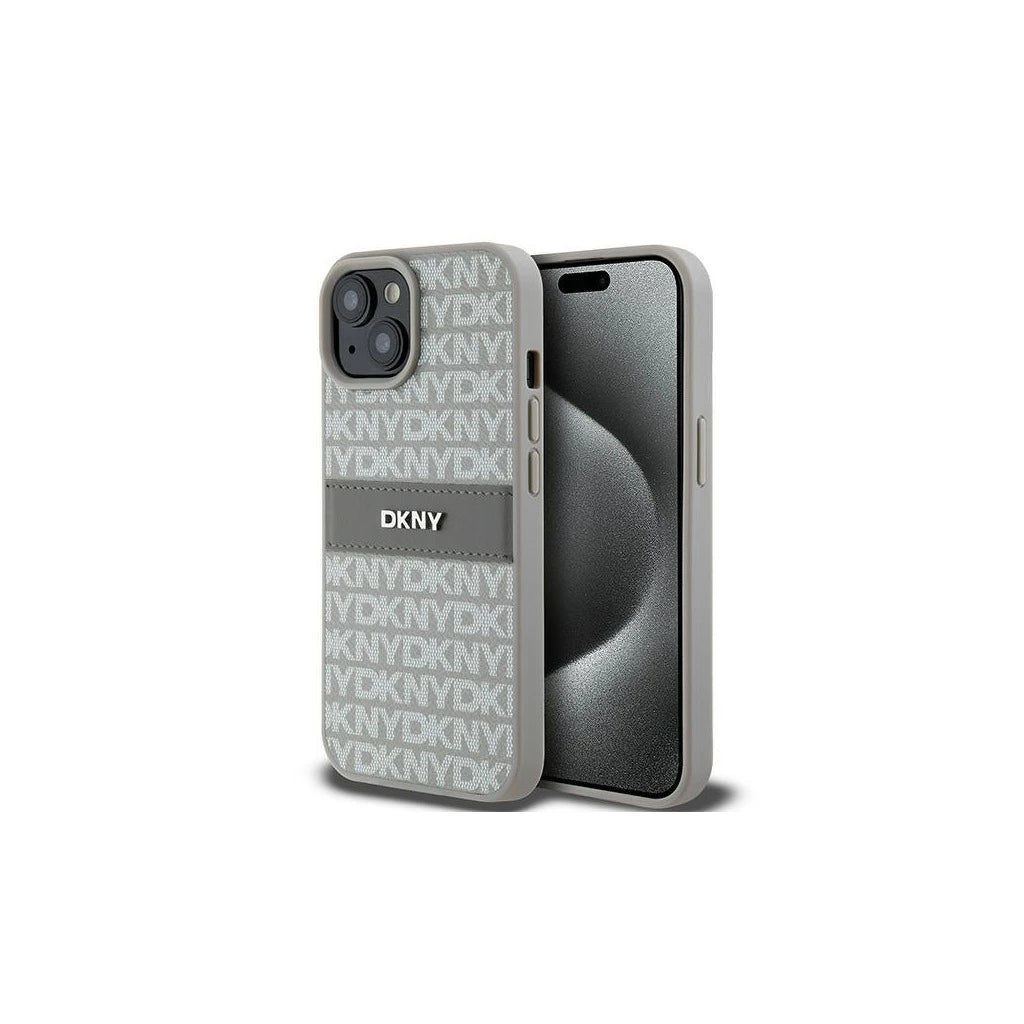 DKNY DKHCP15MPRTHSLE iPhone 15 Plus / 14 Plus készülékhez 6.7 hüvelykes kemény tok Leather Mono Stripe & Metal Lo bézs - iPhone 14 Plus/15Plus tok a Domshop kínálatából