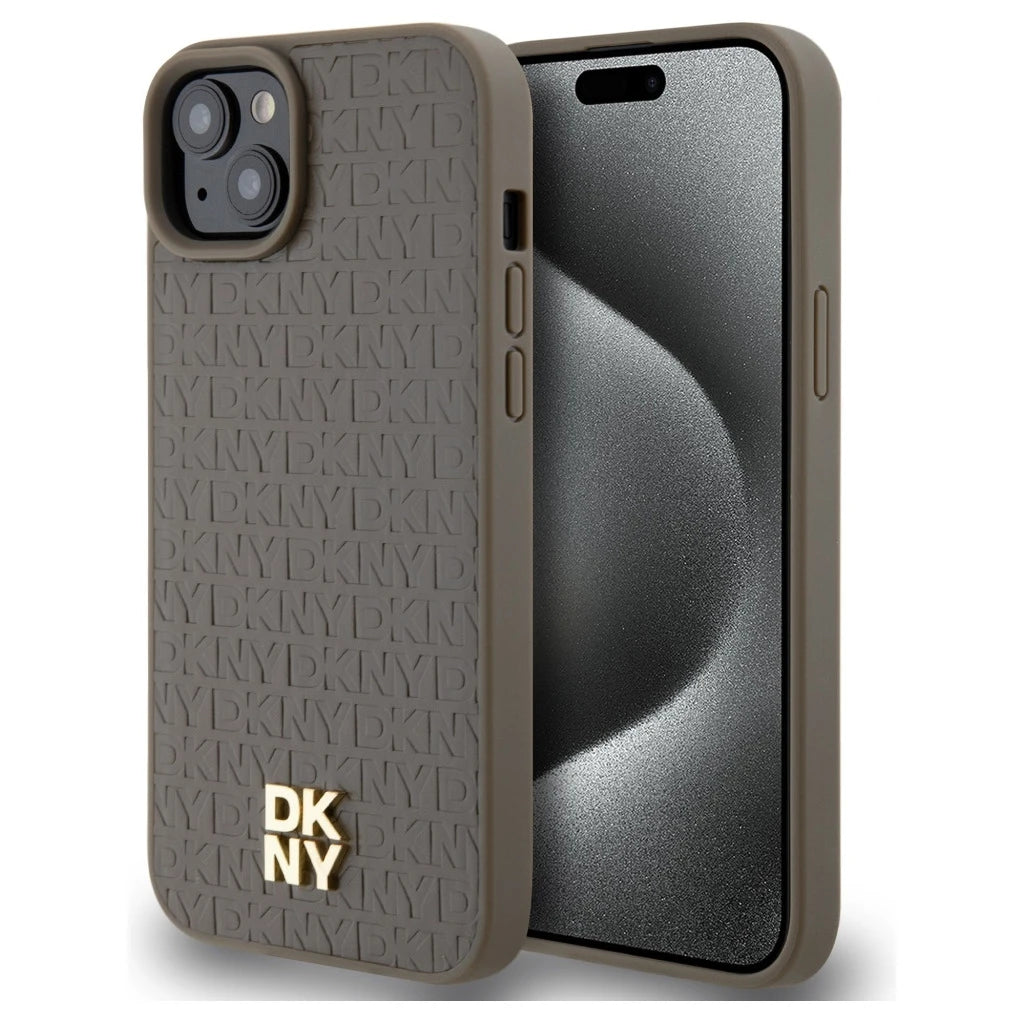 DKNY DKHMP15MPSHRPSW iPhone 15 Plus / 14 Plus 6.7 inch készülékhez kemény tok Leather Pattern Metal Logo Mag barna - iPhone 14 Plus/15Plus tok a Domshop kínálatából