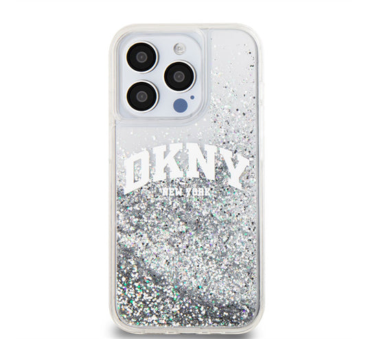 DKNY Liquid Glitter Arch Logo iPhone 14 Pro Max hátlap tok, átlátszó - iPhone 14 Pro Max tok a Domshop kínálatából