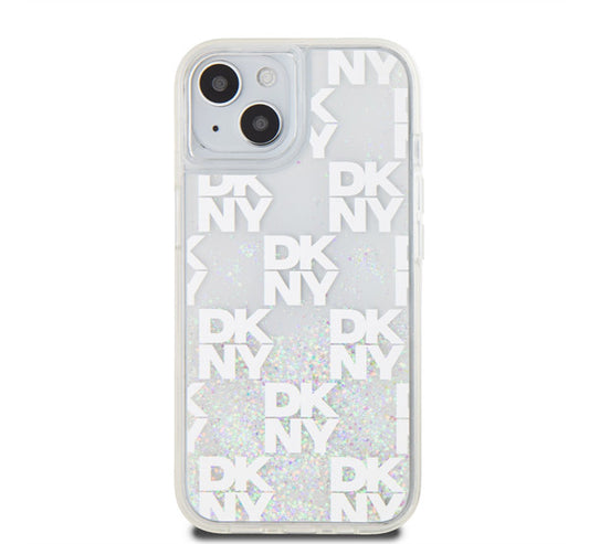 DKNY Liquid Glitter Checkered Pattern iPhone 15 hátlap tok, átlátszó - iPhone 15 tok a Domshop kínálatából