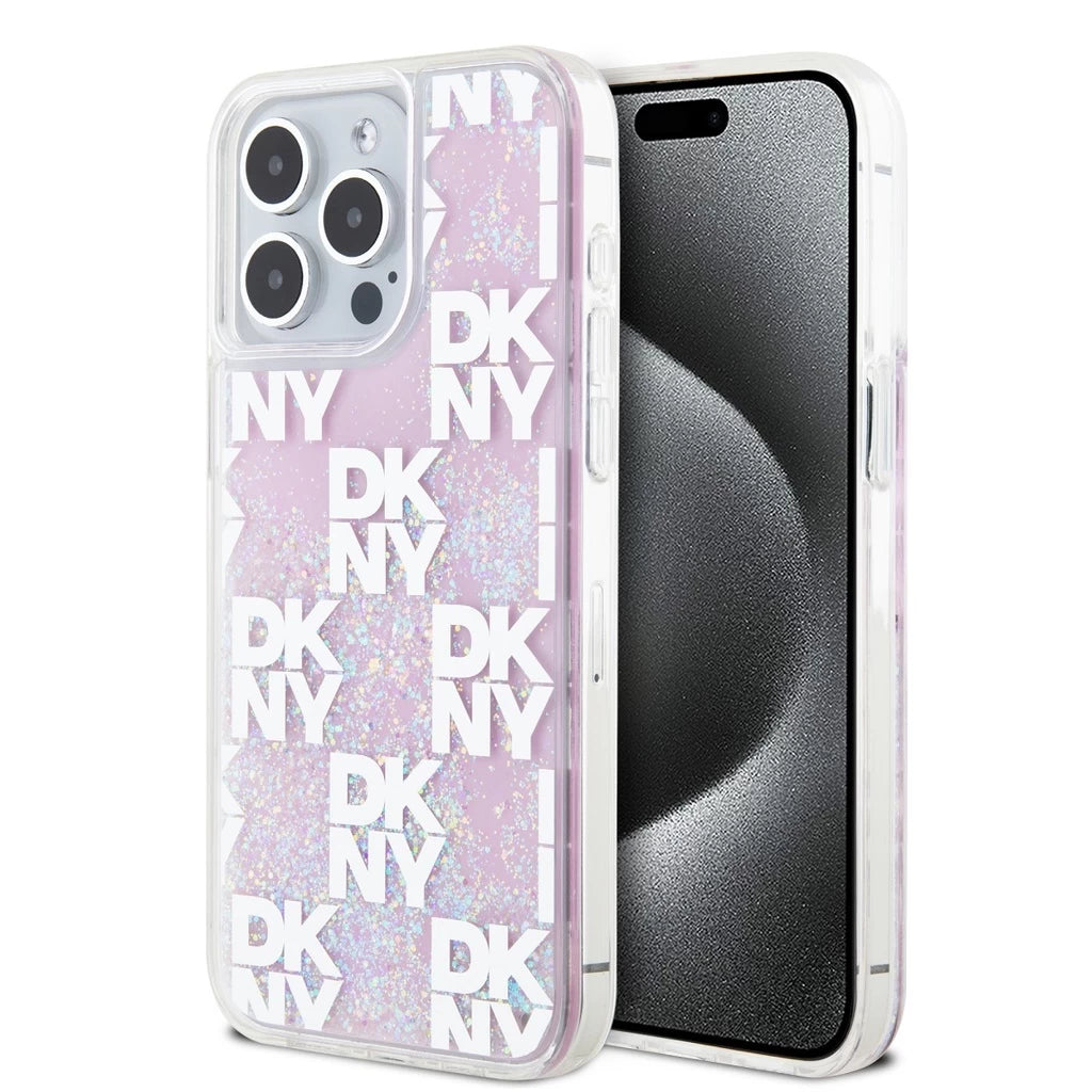 DKNY Liquid Glitter Checkered Pattern tok iPhone 15 Pro Max készülékhez rózsaszín - iPhone 15 Pro Max tok a Domshop kínálatából