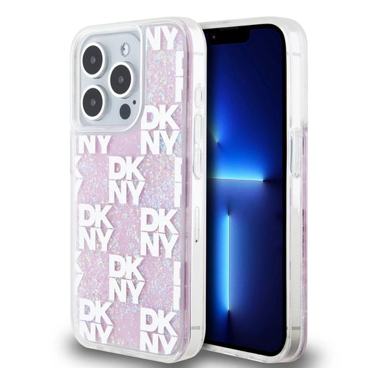 DKNY Liquid Glitter Checkered Pattern tok iPhone 15 Pro készülékhez rózsaszín - iPhone 15 Pro tok a Domshop kínálatából