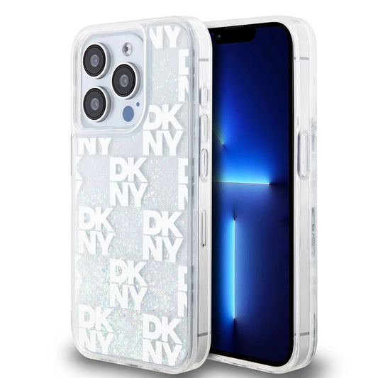 DKNY Liquid Glitter Checkered Pattern tok iPhone 15 Pro készülékhez átlátszó - iPhone 15 Pro tok a Domshop kínálatából