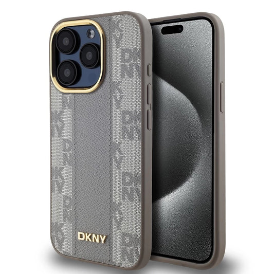 DKNY PU Leather Checkered Pattern Magsafe tok iPhone 15 Pro készülékhez bézs - iPhone 15 Pro tok a Domshop kínálatából