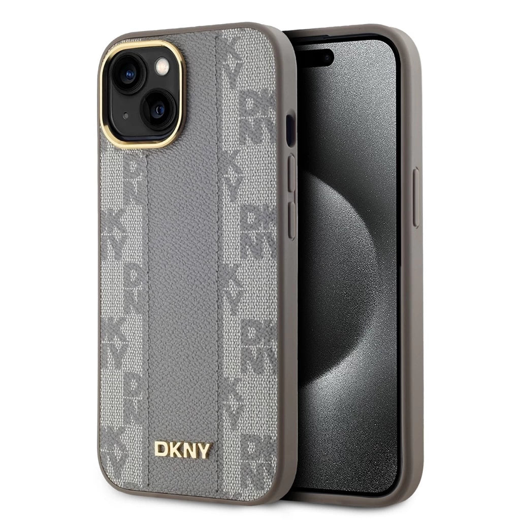 DKNY PU Leather Checkered Pattern Magsafe tok iPhone 15 készülékhez bézs - iPhone 15 tok a Domshop kínálatából