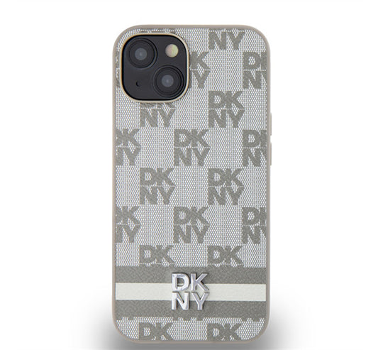 DKNY PU Leather Checkered Pattern and Stripe Apple iPhone 15 hátlap tok, bézs - iPhone 15 tok a Domshop kínálatából
