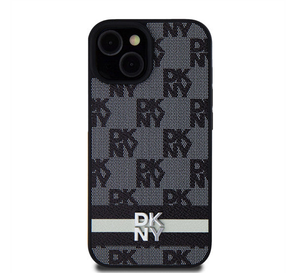 DKNY PU Leather Checkered Pattern and Stripe Apple iPhone 15 hátlap tok, fekete - iPhone 15 tok a Domshop kínálatából