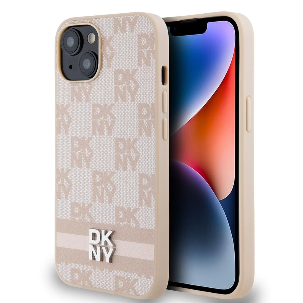 DKNY PU Leather Checkered Pattern and Stripe Tok iPhone 15 készülékhez rózsaszín - iPhone 15 tok a Domshop kínálatából