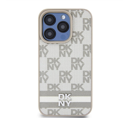 DKNY PU Leather Checkered Pattern and Stripe iPhone 14 Pro hátlap tok, bézs - iPhone 14 Pro tok a Domshop kínálatából
