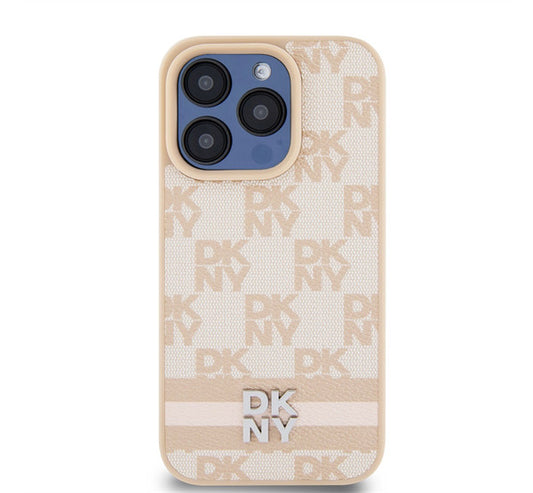 DKNY PU Leather Checkered Pattern and Stripe iPhone 14 Pro hátlap tok, rózsaszín - iPhone 14 Pro tok a Domshop kínálatából