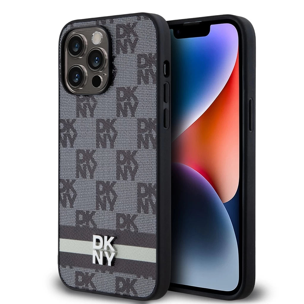 DKNY PU Leather Checkered Pattern and Stripe tok iPhone 15 Pro Max készülékhez fekete - iPhone 15 Pro Max tok a Domshop kínálatából