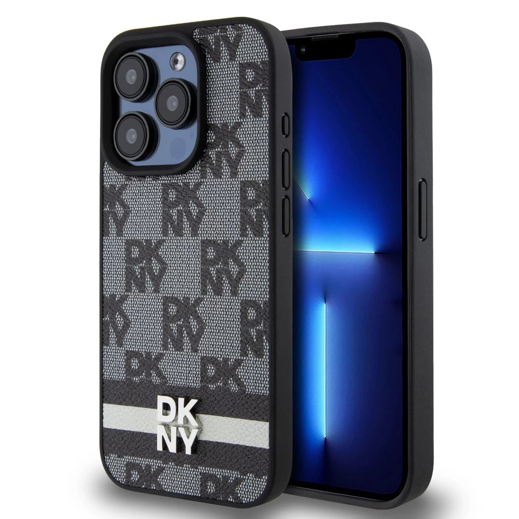 DKNY PU Leather Checkered Pattern and Stripe tok iPhone 15 Pro készülékhez fekete - iPhone 15 Pro tok a Domshop kínálatából
