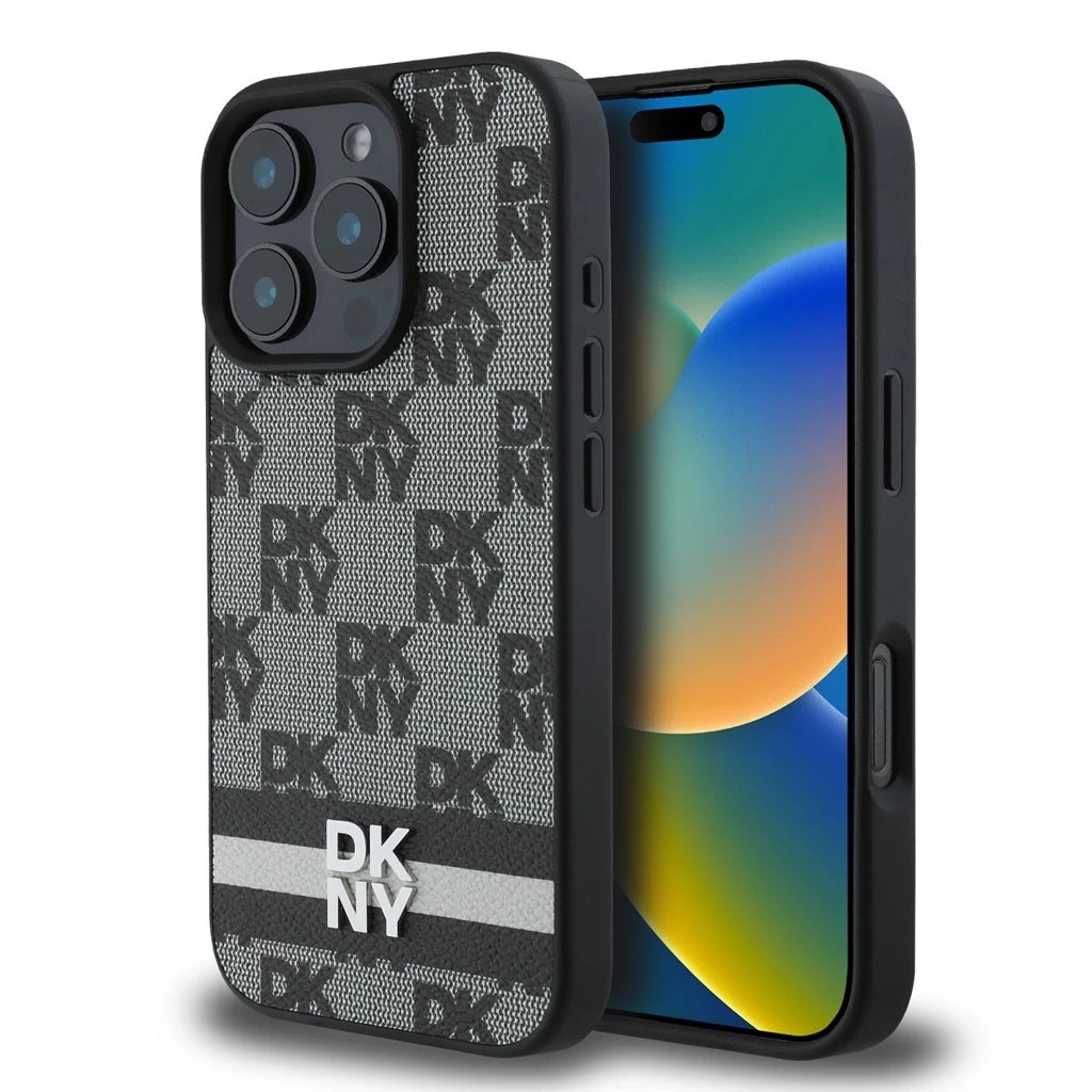 DKNY PU Leather Checkered Pattern and Stripe tok iPhone 16 Pro Max készülékhez fekete - iPhone 16 Pro Max tok a Domshop kínálatából