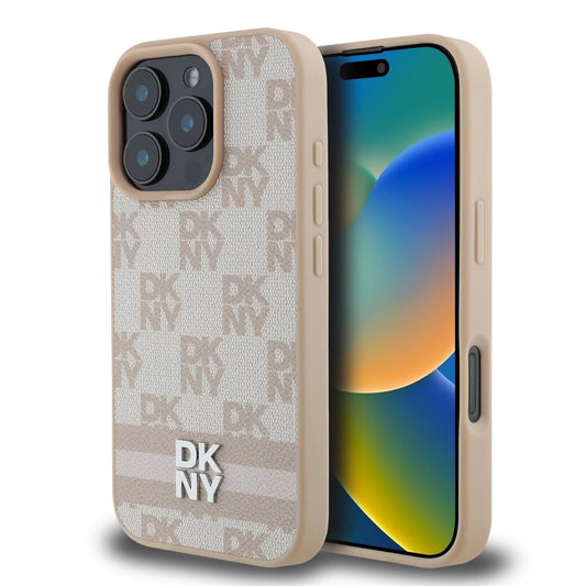 DKNY PU Leather Checkered Pattern and Stripe tok iPhone 16 Pro készülékhez rózsaszín - iPhone 16 Pro tok a Domshop kínálatából