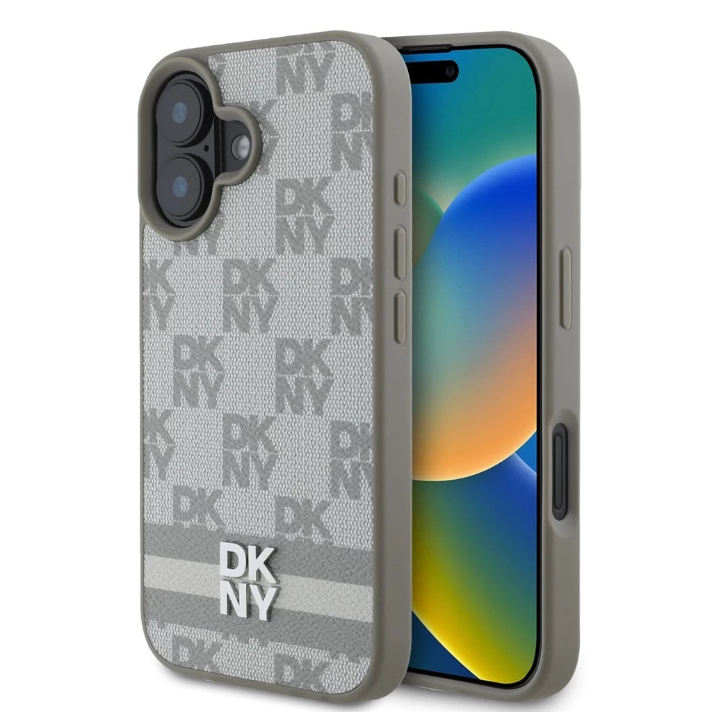 DKNY PU Leather Checkered Pattern and Stripe tok iPhone 16 készülékhez bézs - iPhone 16 tok a Domshop kínálatából
