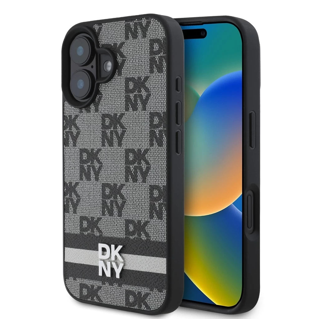 DKNY PU Leather Checkered Pattern and Stripe tok iPhone 16 készülékhez fekete - iPhone 16 tok a Domshop kínálatából
