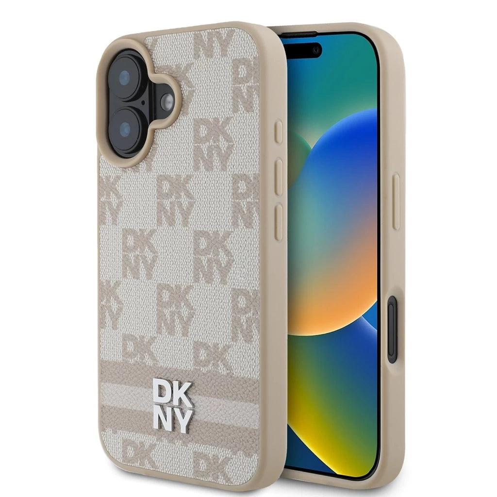 DKNY PU Leather Checkered Pattern and Stripe tok iPhone 16 készülékhez rózsaszín - iPhone 16 tok a Domshop kínálatából