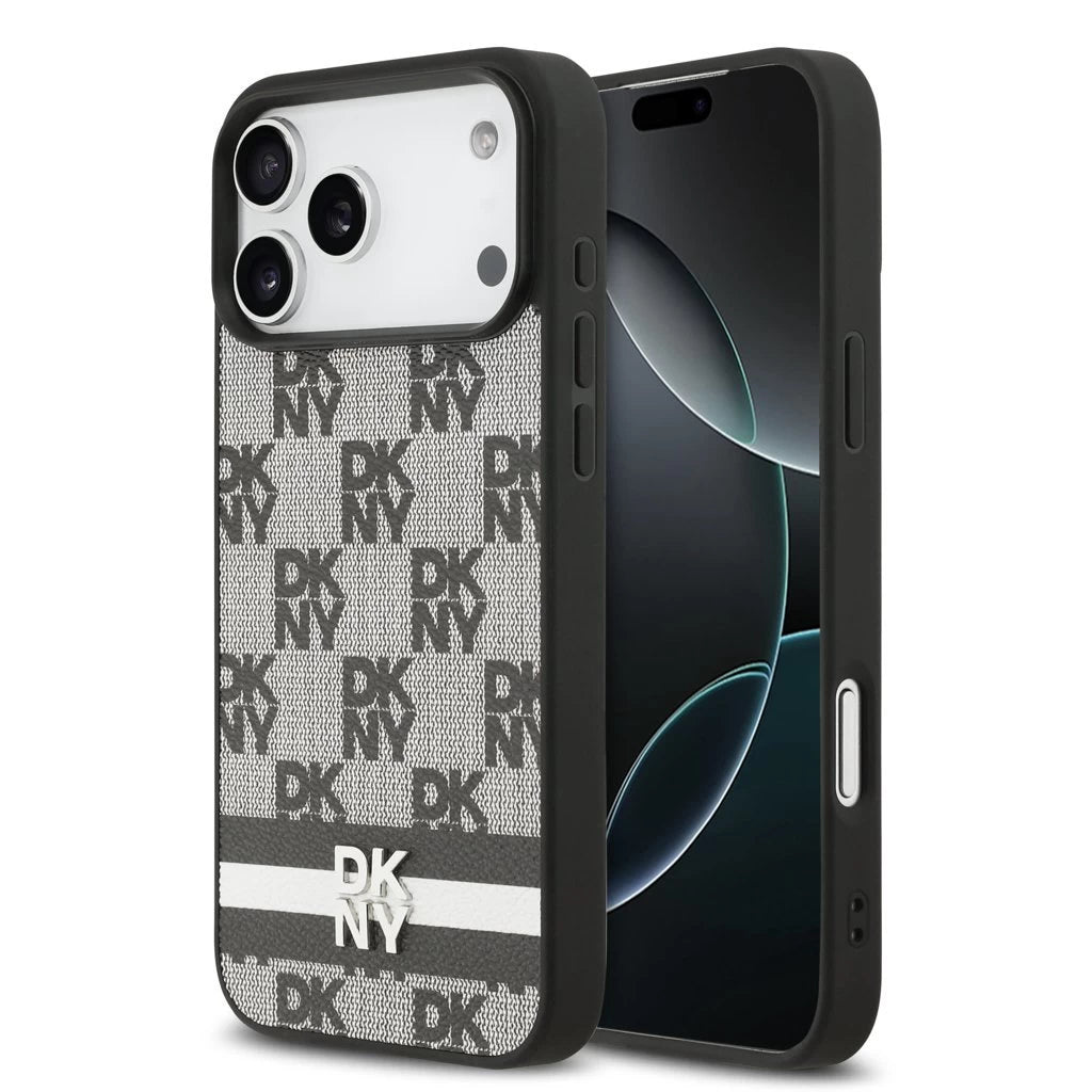 DKNY PU Leather Checkered Pattern and Stripe tok iPhone 17 Pro Max készülékhez fekete - iPhone 17 Pro Max tok a Domshop kínálatából