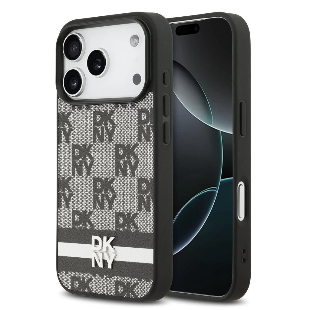DKNY PU Leather Checkered Pattern and Stripe tok iPhone 17 Pro készülékhez fekete - iPhone 17 Pro tok a Domshop kínálatából