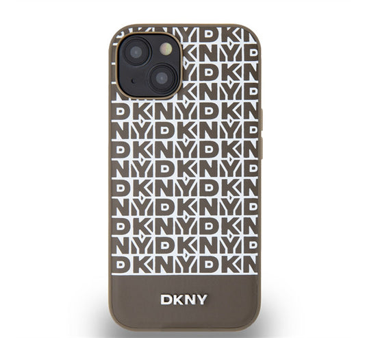 DKNY PU Leather Repeat Pattern Bottom Stripe Apple iPhone 13 Magsafe kompatibilis hátlap tok, barna - iPhone 13/14 tok a Domshop kínálatából
